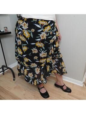 Tronjori Floral Ruffle Midi Skirt XXL Black Yellow